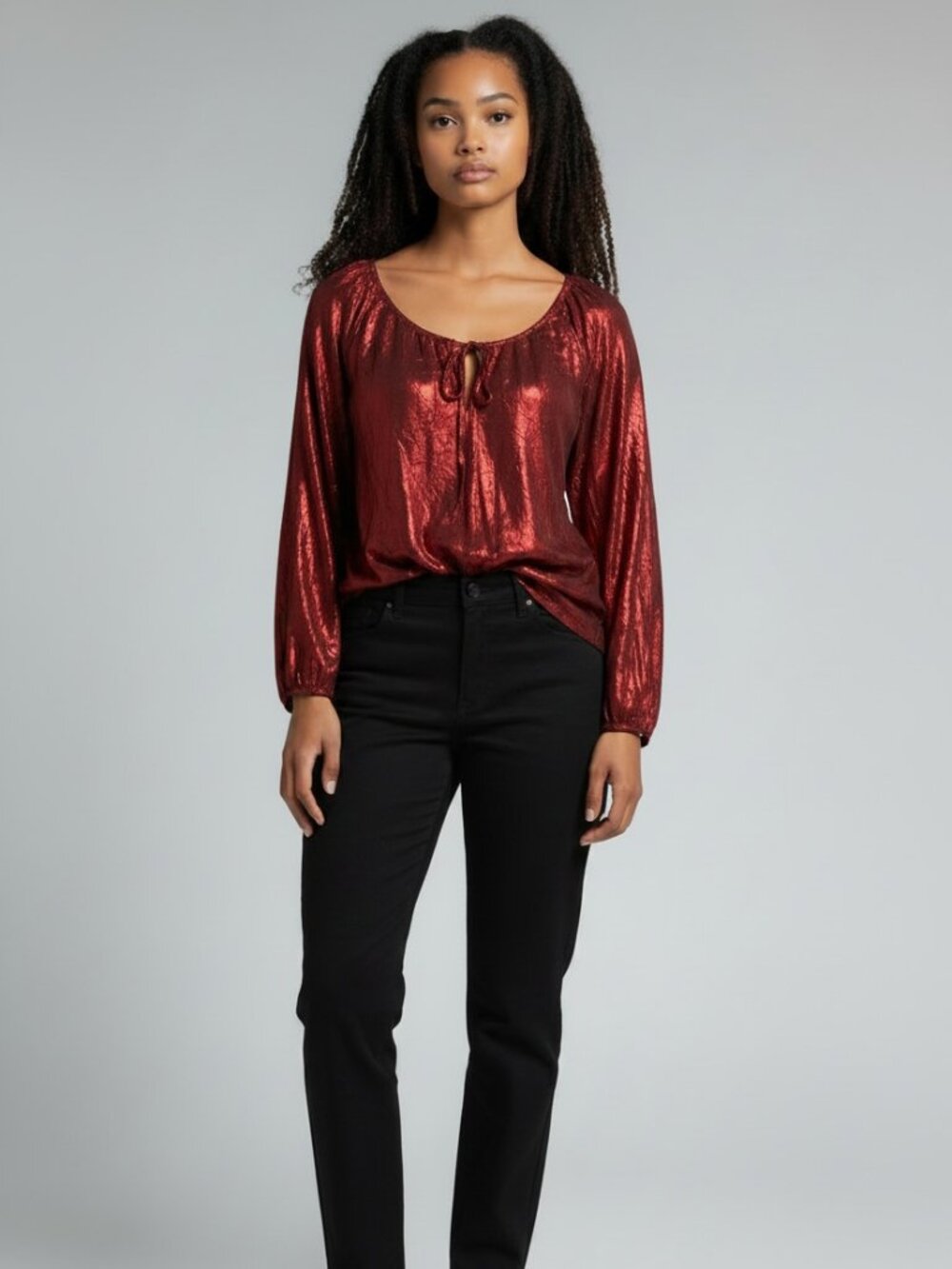 Fashion Bug Y2K Burgundy Metallic Crinkle Tie Neck Blouse